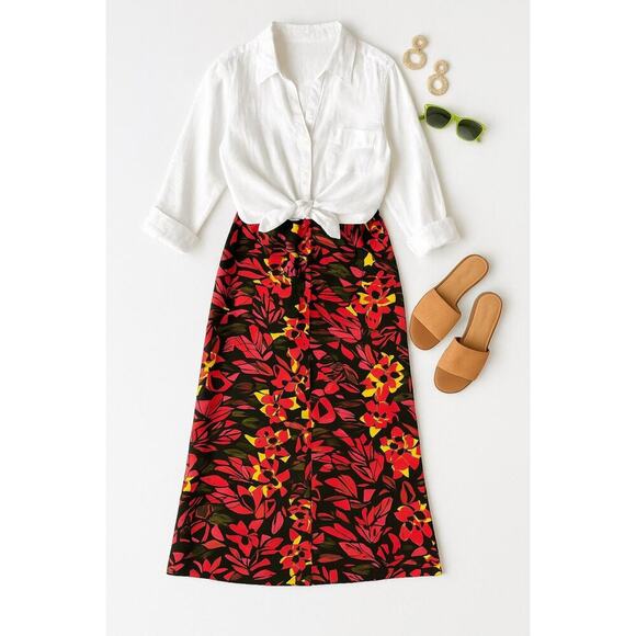 OPEN EDIT High Waist Abstract Floral Print Midi Skirt | Large | Neon Streetwear - Picture 2 of 12